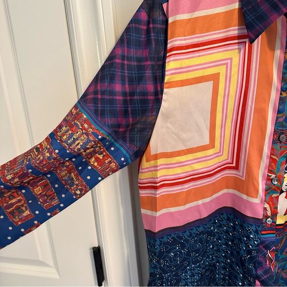 Staud Blue Red Artsy Patchwork Long Sleeve Button Front Top Blouse Medium - Picture 11 of 16